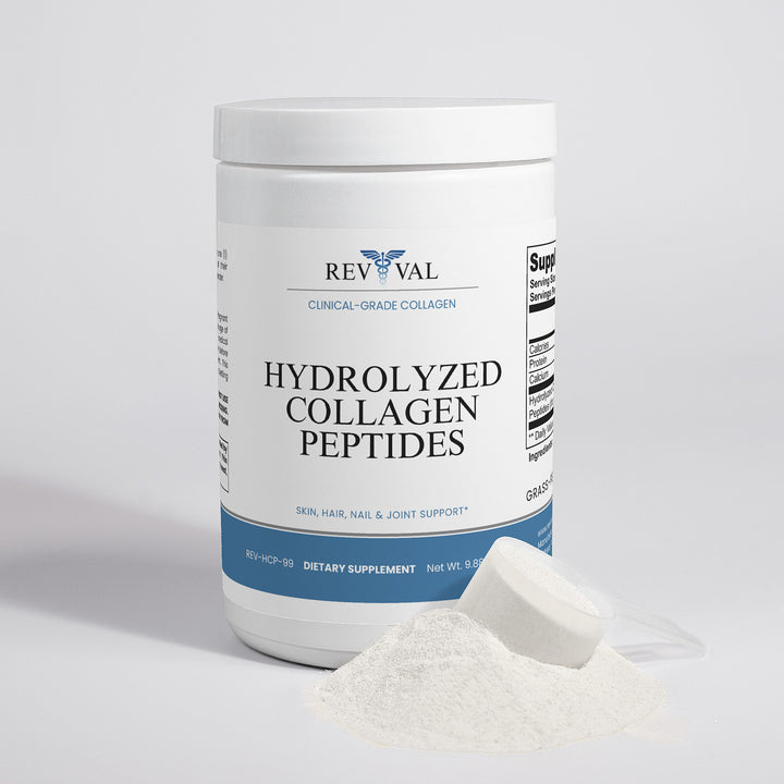 Container of Revival Hydrolyzed Collagen Peptides on a light gray background