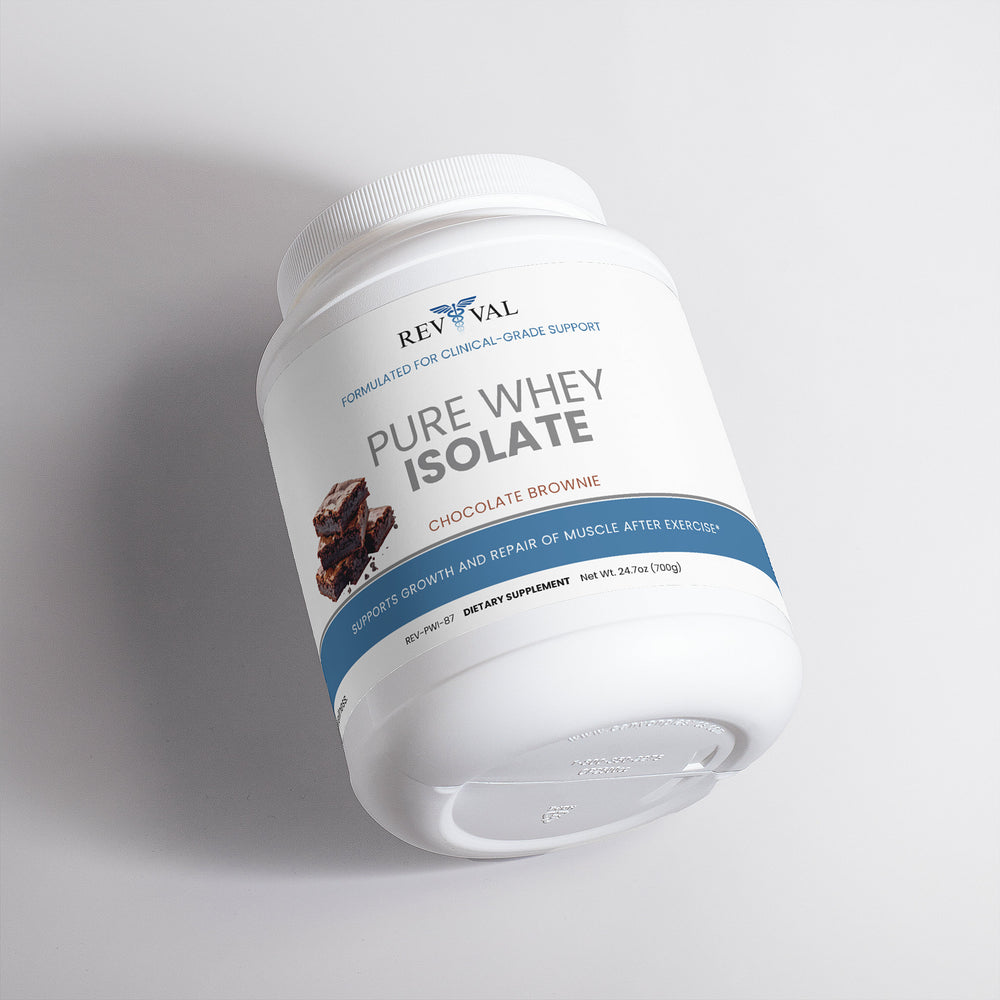 Container of Revival Pure Whey Isolate Chocolate Brownie flavor on a light gray background