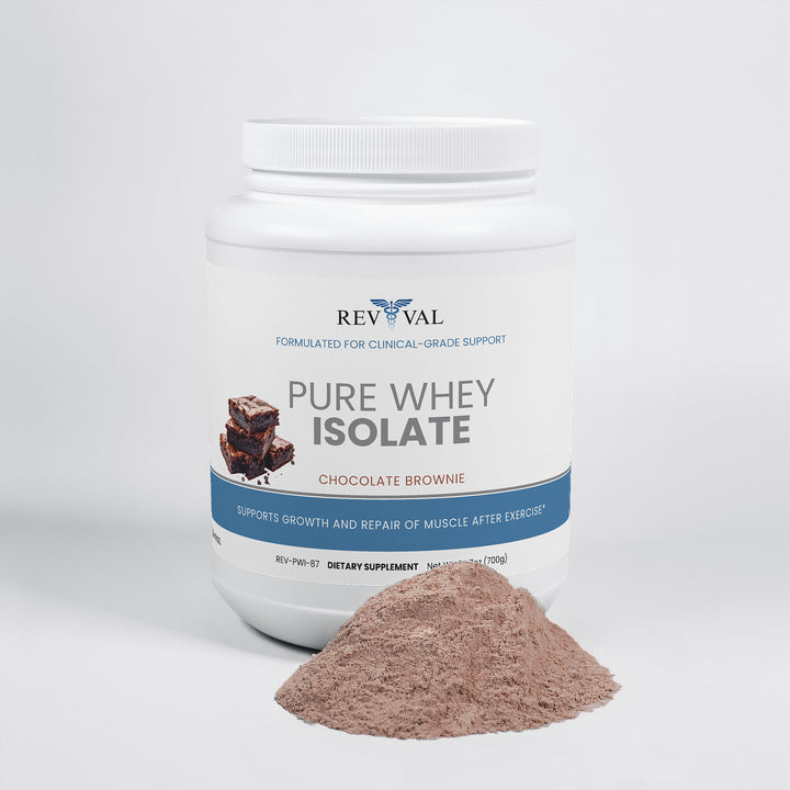 Container of Revival Pure Whey Isolate Chocolate Brownie flavor on a white background