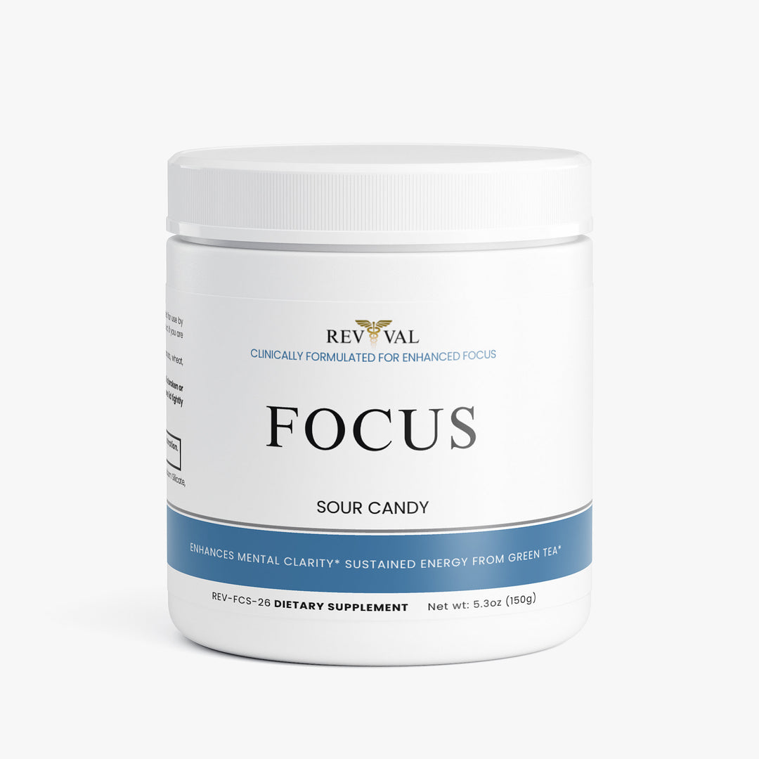 Supplement container labeled 'Focus' by Revival on a white background