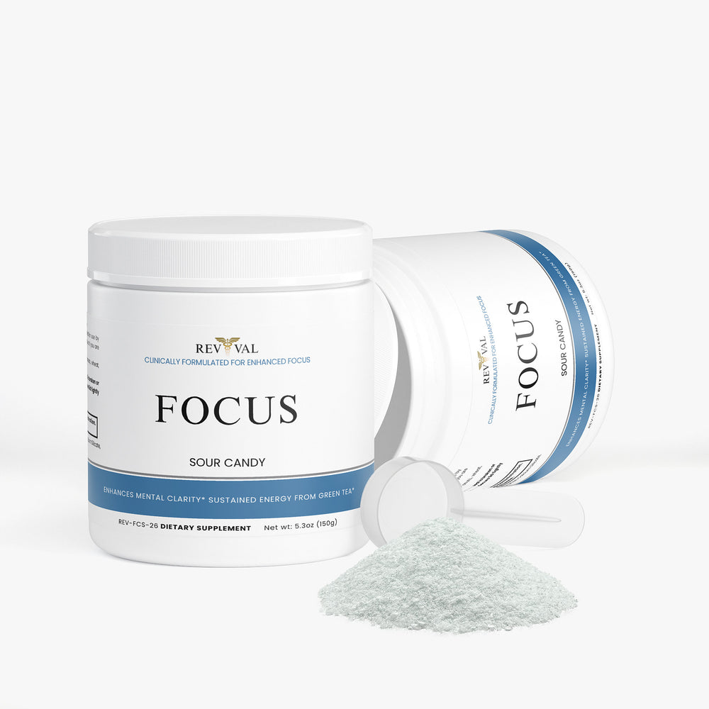 Supplement container labeled 'Focus' with a white lid on a light gray background