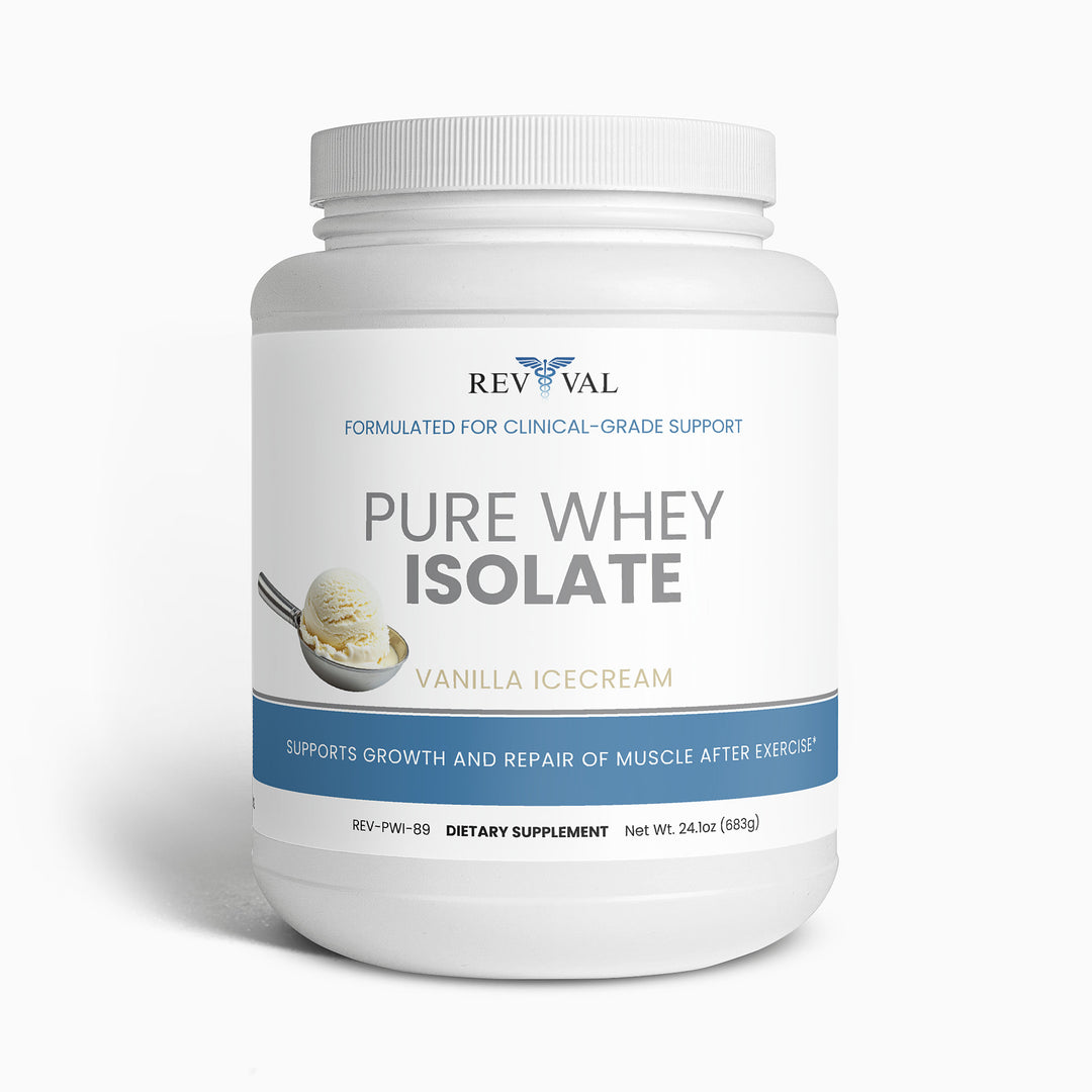 Revival Pure Whey Isolate Vanilla Icecream supplement container on a white background