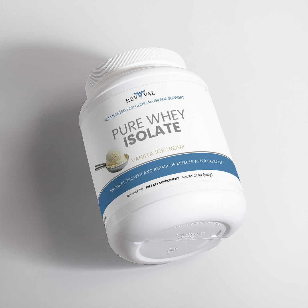 Container of Revival Pure Whey Isolate on a light gray background