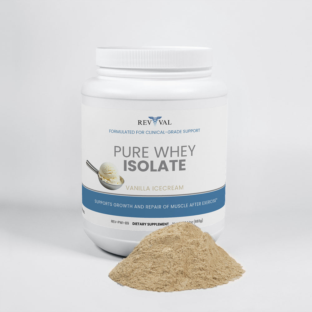Container of Revival Pure Whey Isolate with a scoop of powder on a white background