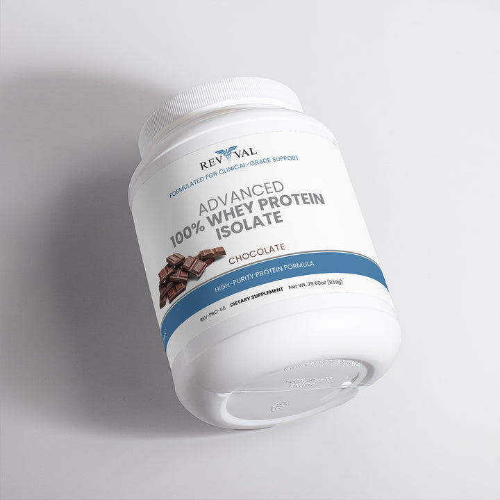 Container of RevVal Advanced 100% Whey Protein Isolate on a light gray background
