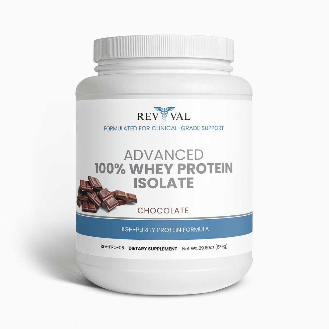 Revival Advanced 100% Whey Protein Isolate container with chocolate flavor on a white background