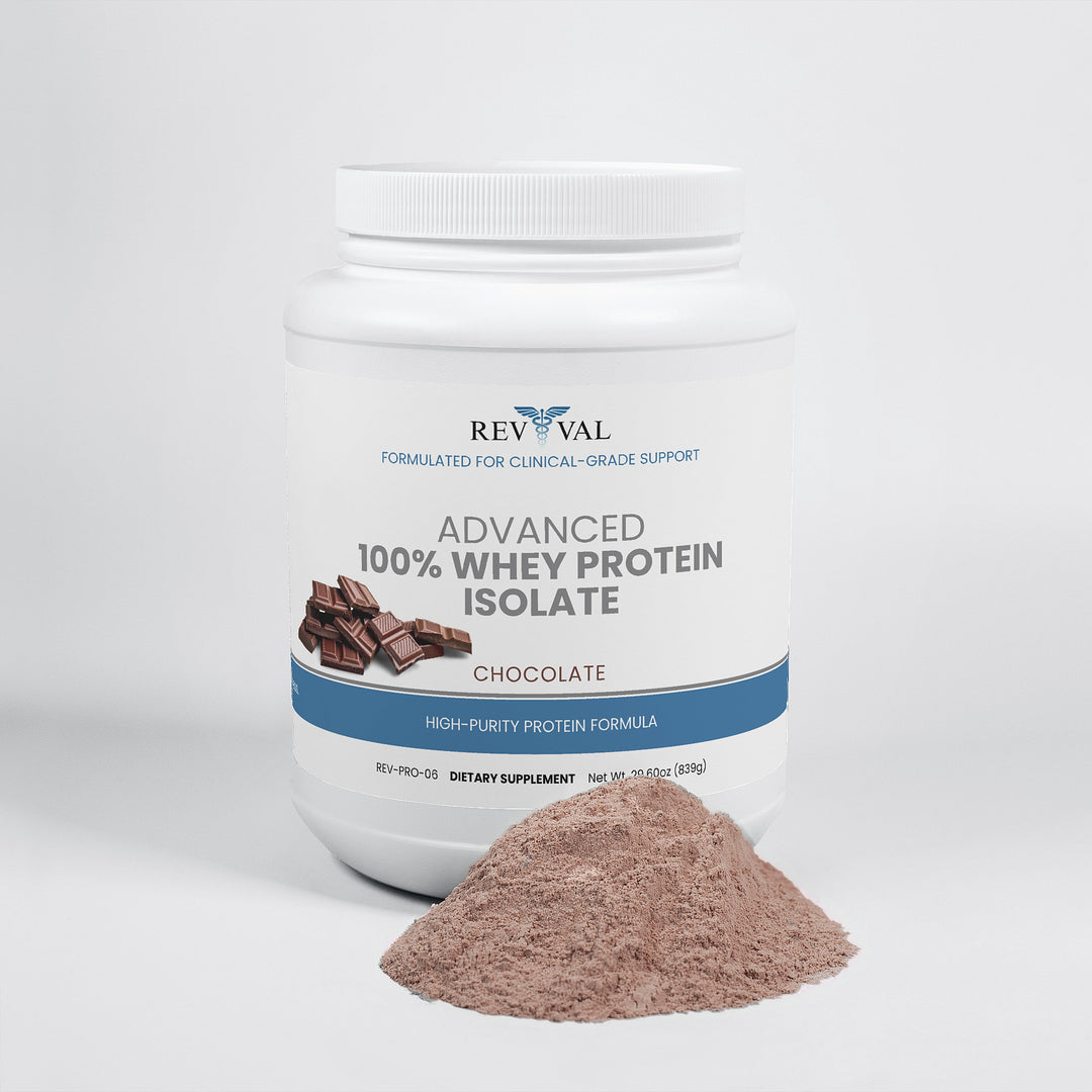 Rev Val Advanced 100% Whey Protein Isolate container with chocolate powder on a white background
