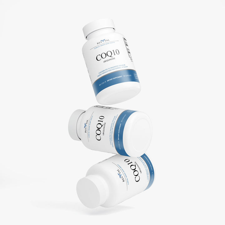 Three bottles of COQ10 supplement on a white background