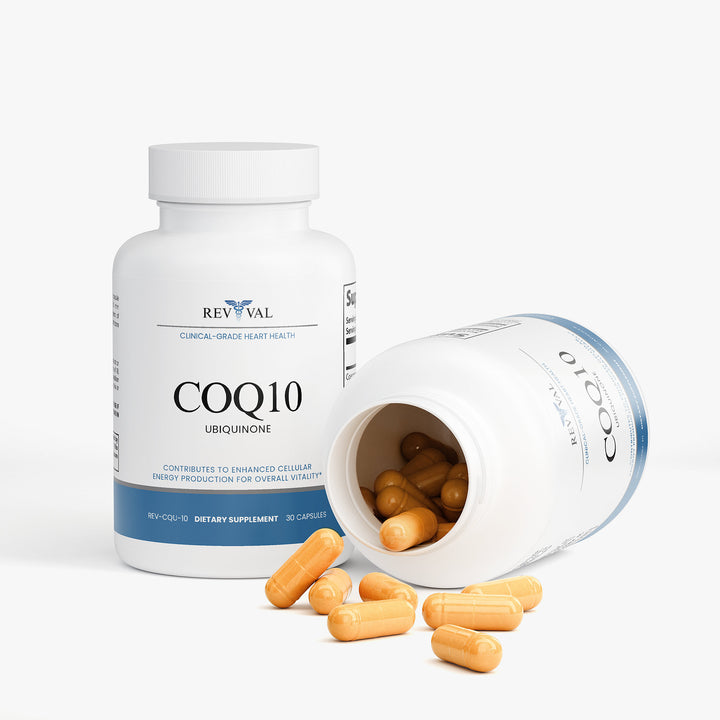 Revival COQ10 ubiquinone dietary supplement bottle with open cap showing capsules on a white background