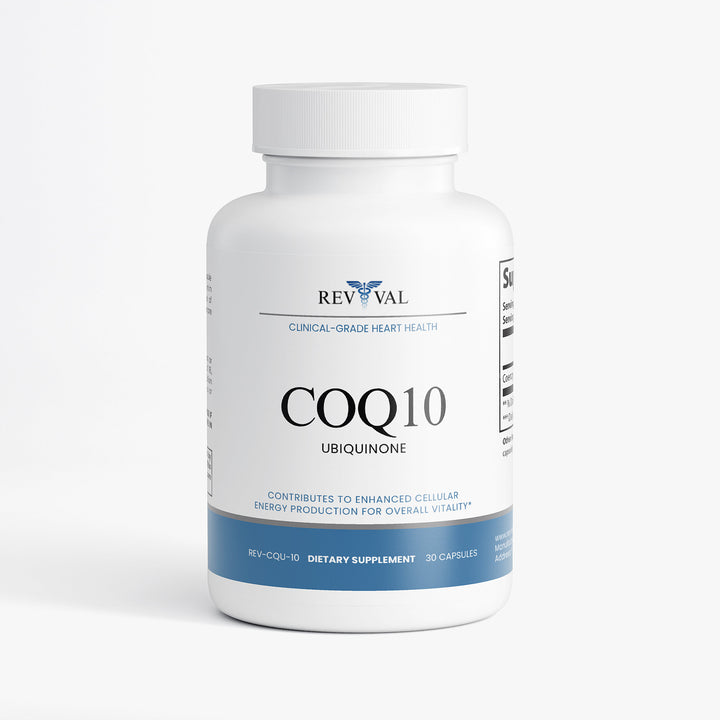 Supplement bottle labeled COQ10 on a white background