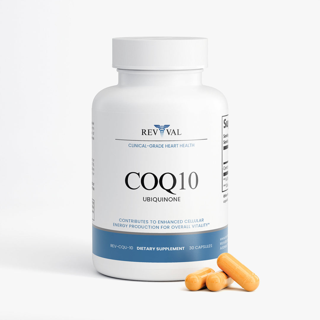 Supplement bottle labeled COQ10 with capsules on a white background