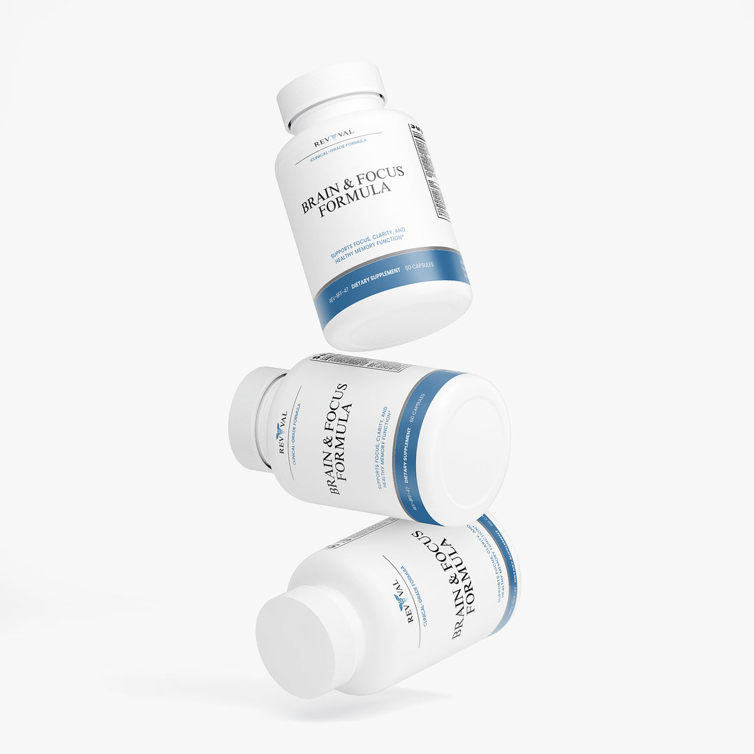 Three bottles of Brain &amp; Focus Formula on a white background