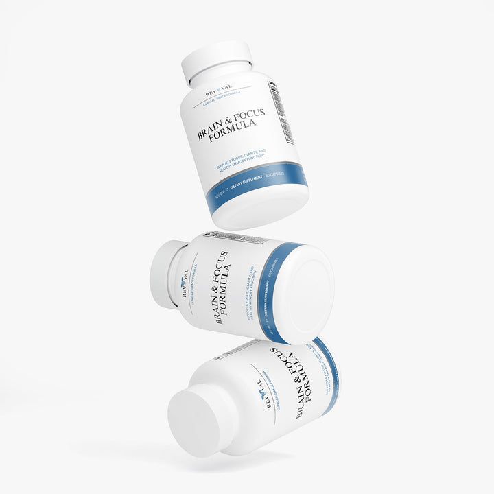 Three bottles of Brain &amp; Focus Formula on a white background