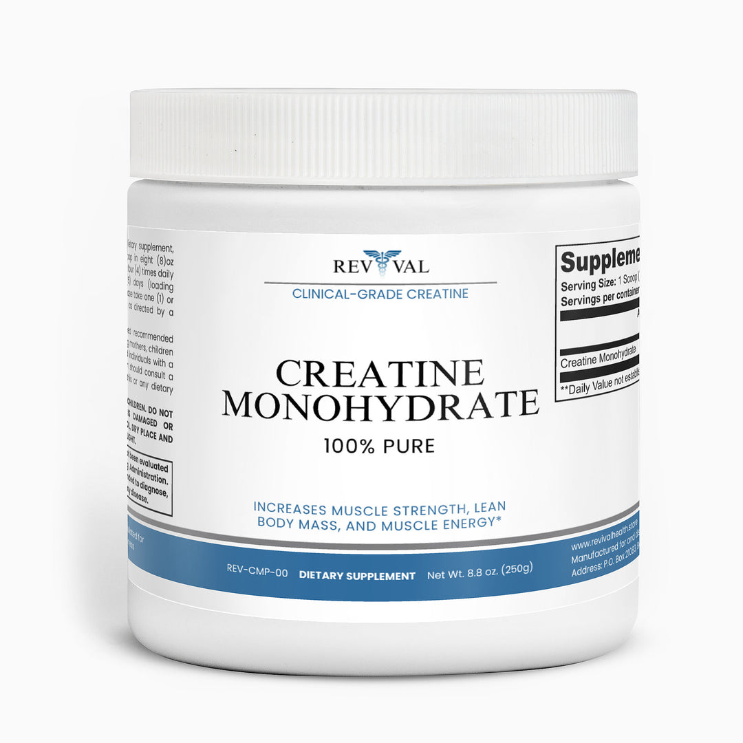 Jar of Revival Creatine Monohydrate supplement on a white background