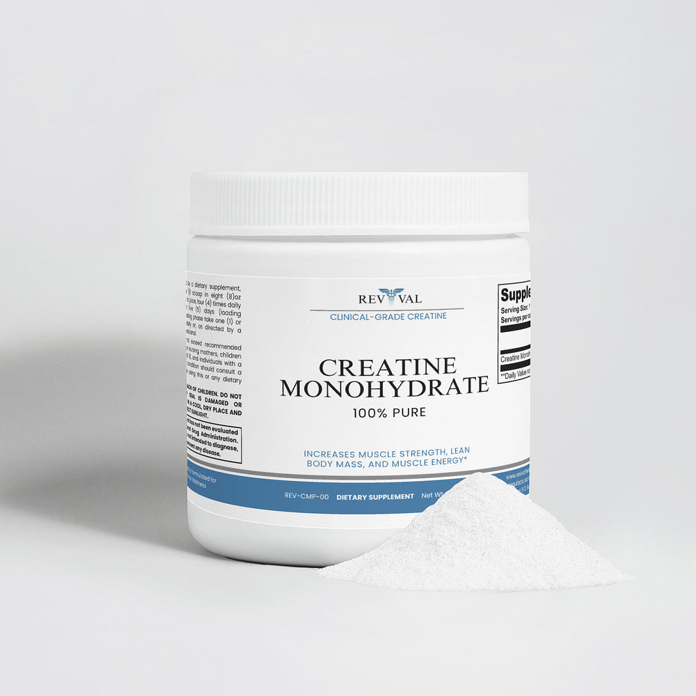 Jar of creatine monohydrate powder with a white label on a light gray background
