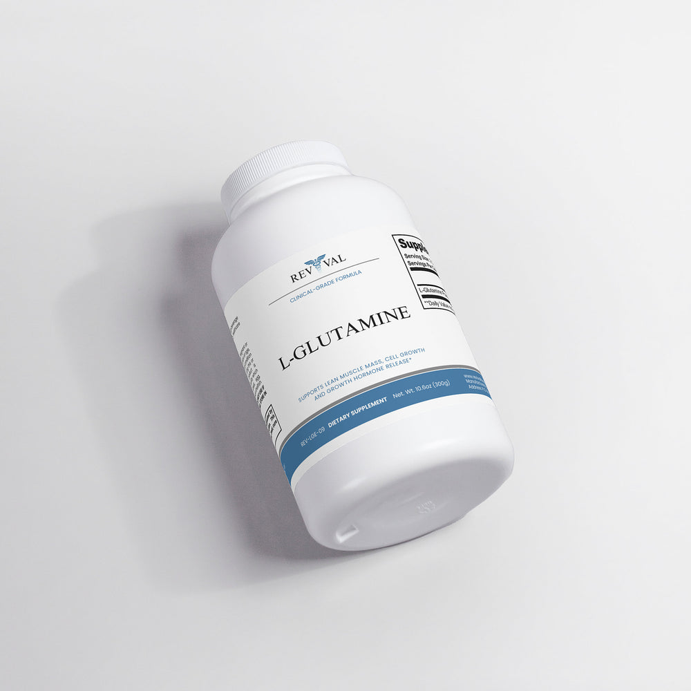 Supplement bottle labeled 'L-Glutamine' on a light gray background
