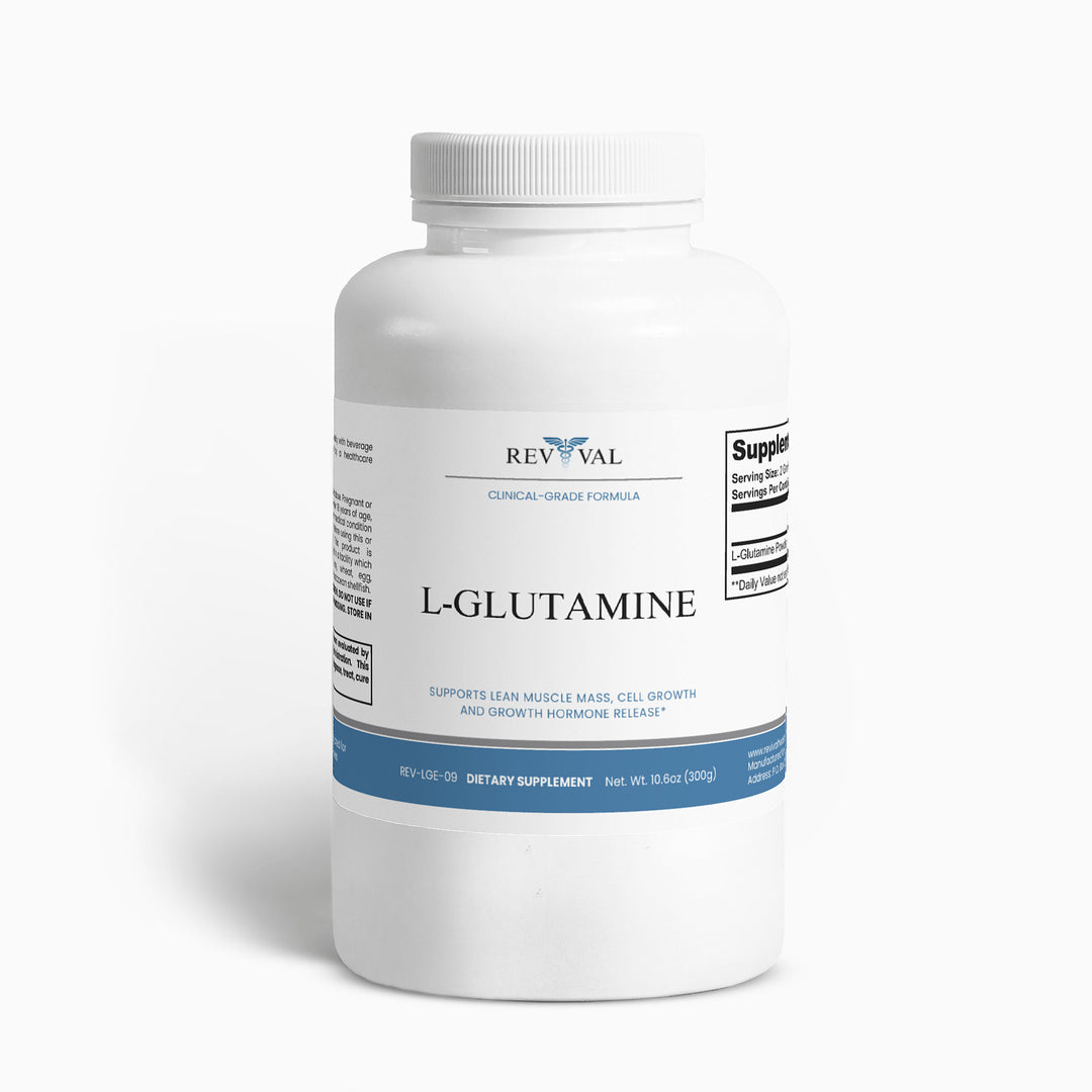 Supplement bottle labeled 'L-Glutamine' on a white background