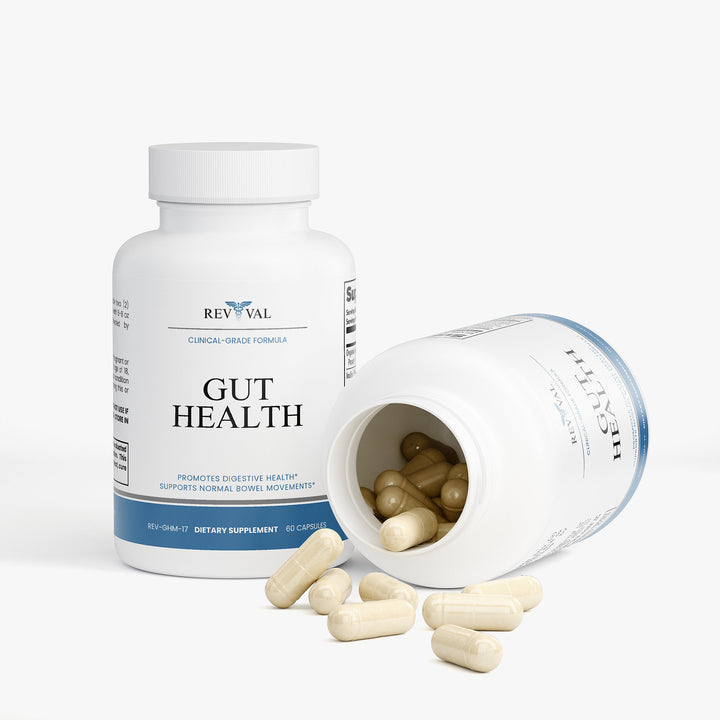 Gut health supplement bottle with open cap showing capsules on a white background