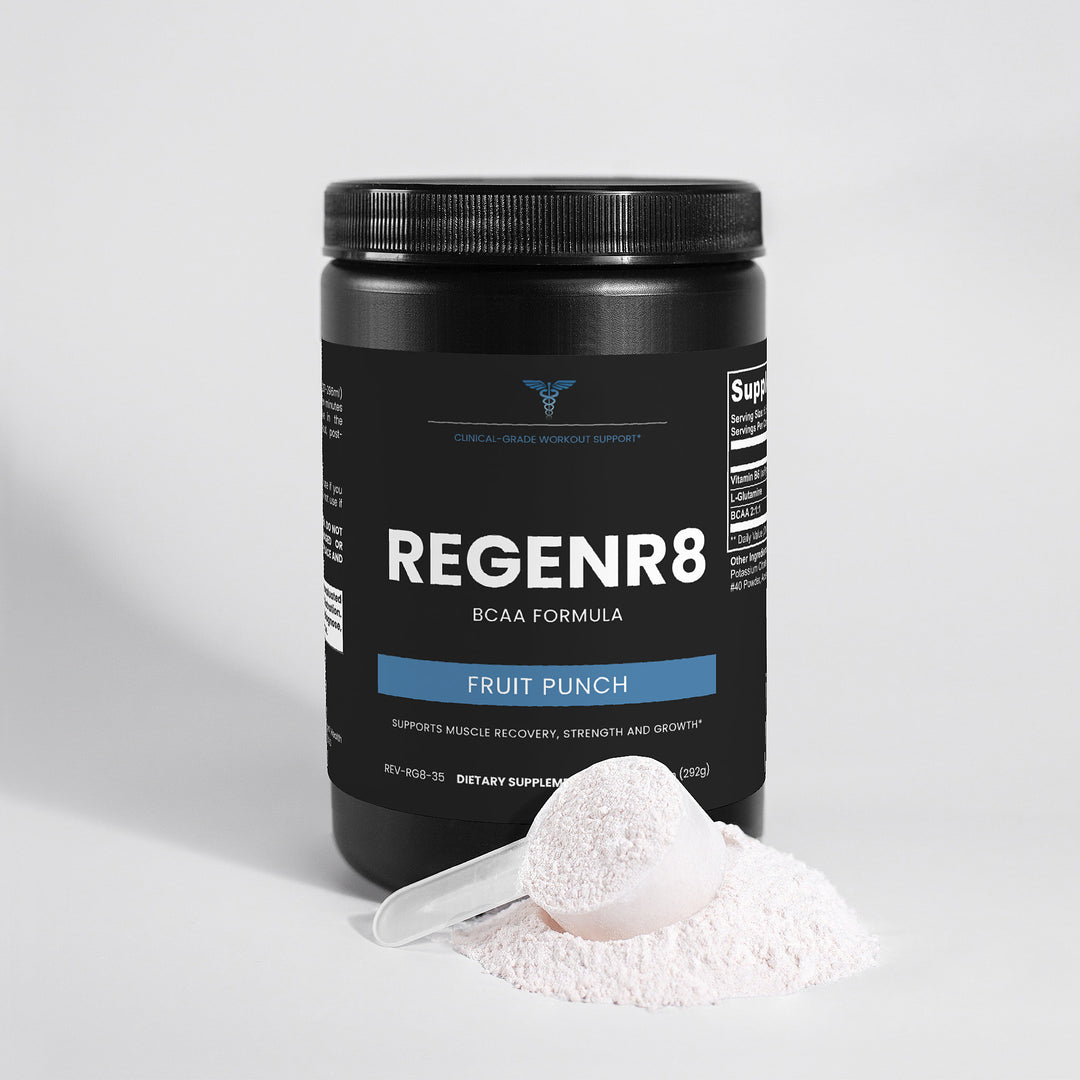 Black container of REGENR8 ECAA Formula with a scoop of powder on a light gray background