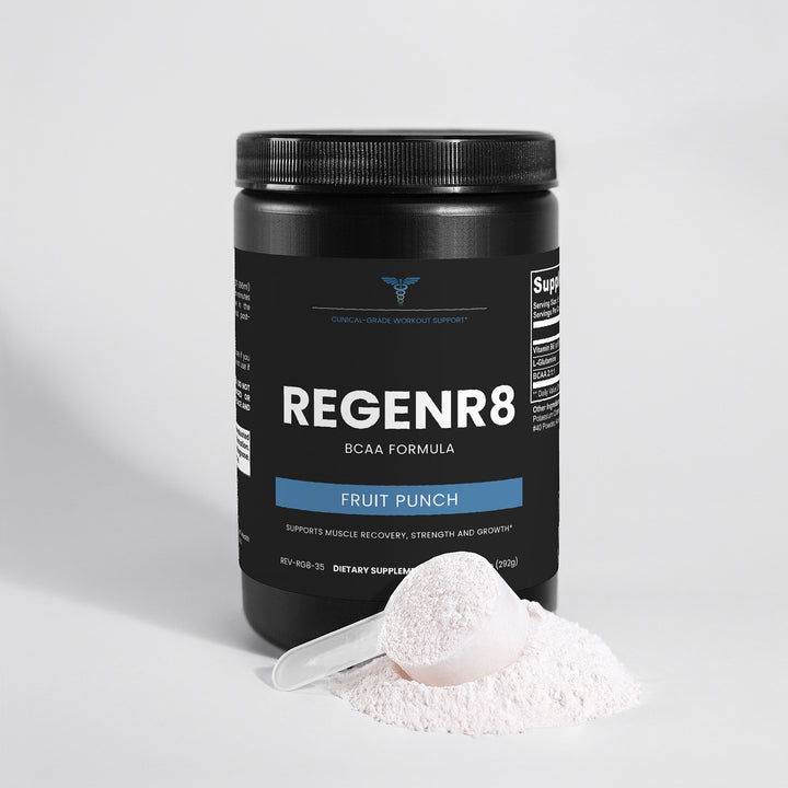 Black container of REGENR8 ECAA Formula with a scoop of powder on a light gray background