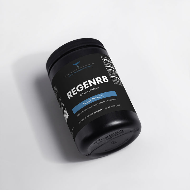 Black container of REGENR8 supplement with a white label on a light gray background