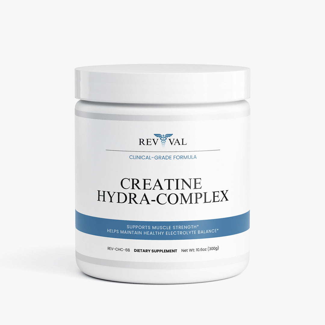 Supplement container labeled 'Creatine Hydra-Complex' by Rev Val on a white background