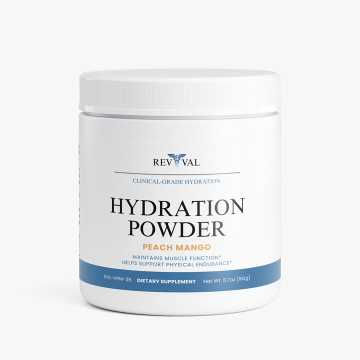 Revival Hydration Powder container with peach mango flavor on a white background