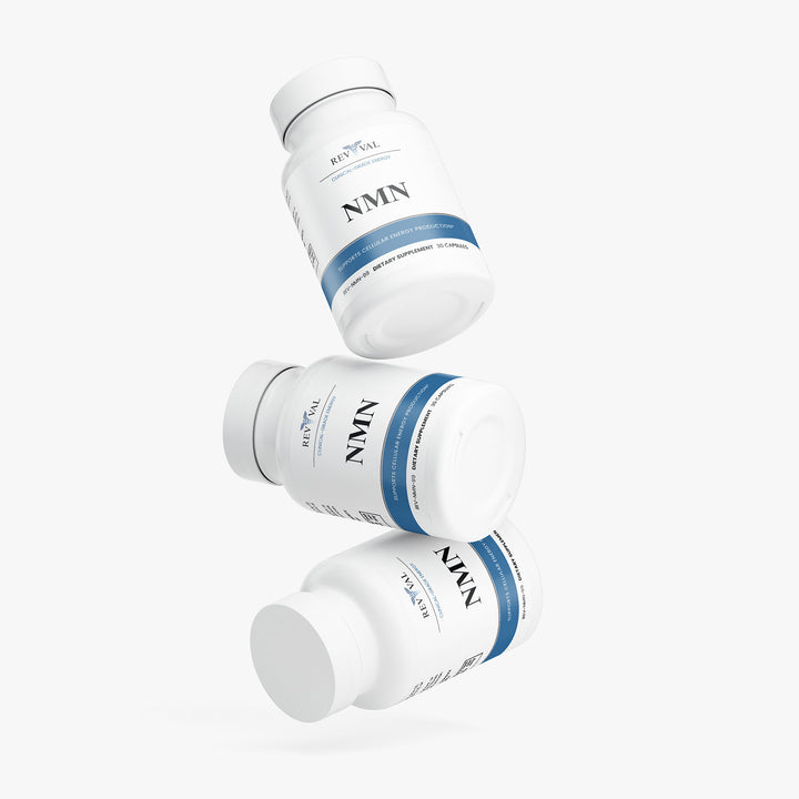 Three NMN supplement bottles on a white background