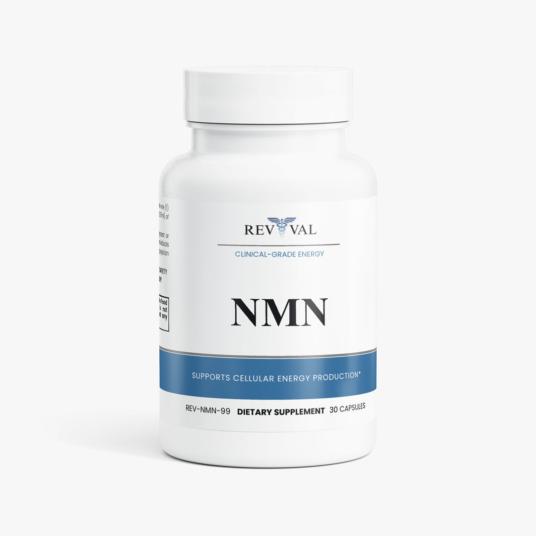 Supplement bottle labeled 'NMN' with Revival brand on a white background