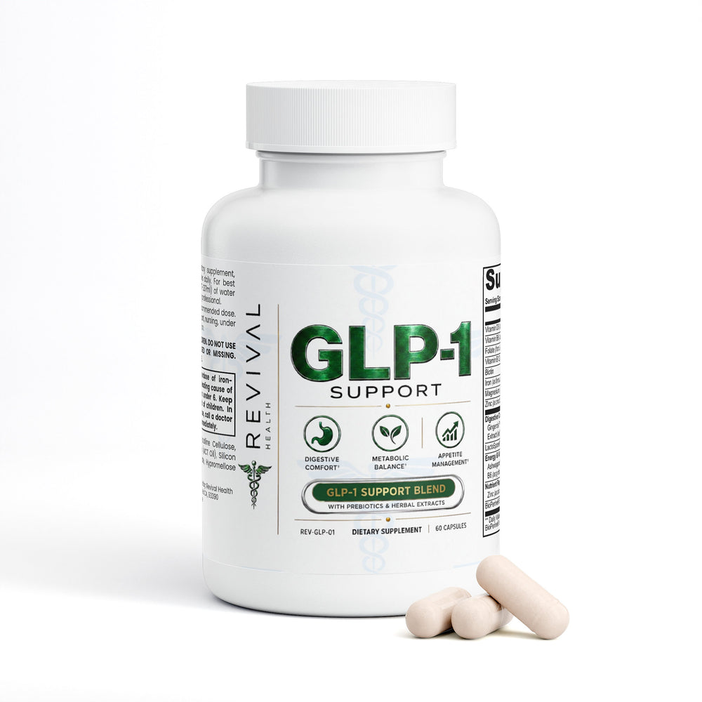 A white bottle of Revival Labs GLP-1 Support dietary supplement with three beige capsules resting in front, set against a clean white background.