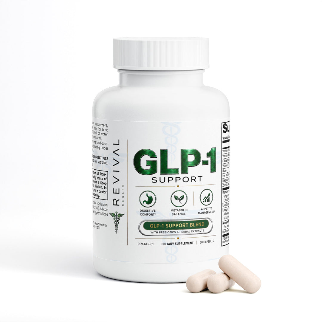 A white bottle of Revival Labs GLP-1 Support dietary supplement with three beige capsules resting in front, set against a clean white background.