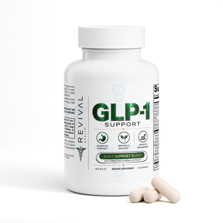 A white bottle of Revival Labs GLP-1 Support dietary supplement with three beige capsules resting in front, set against a clean white background.