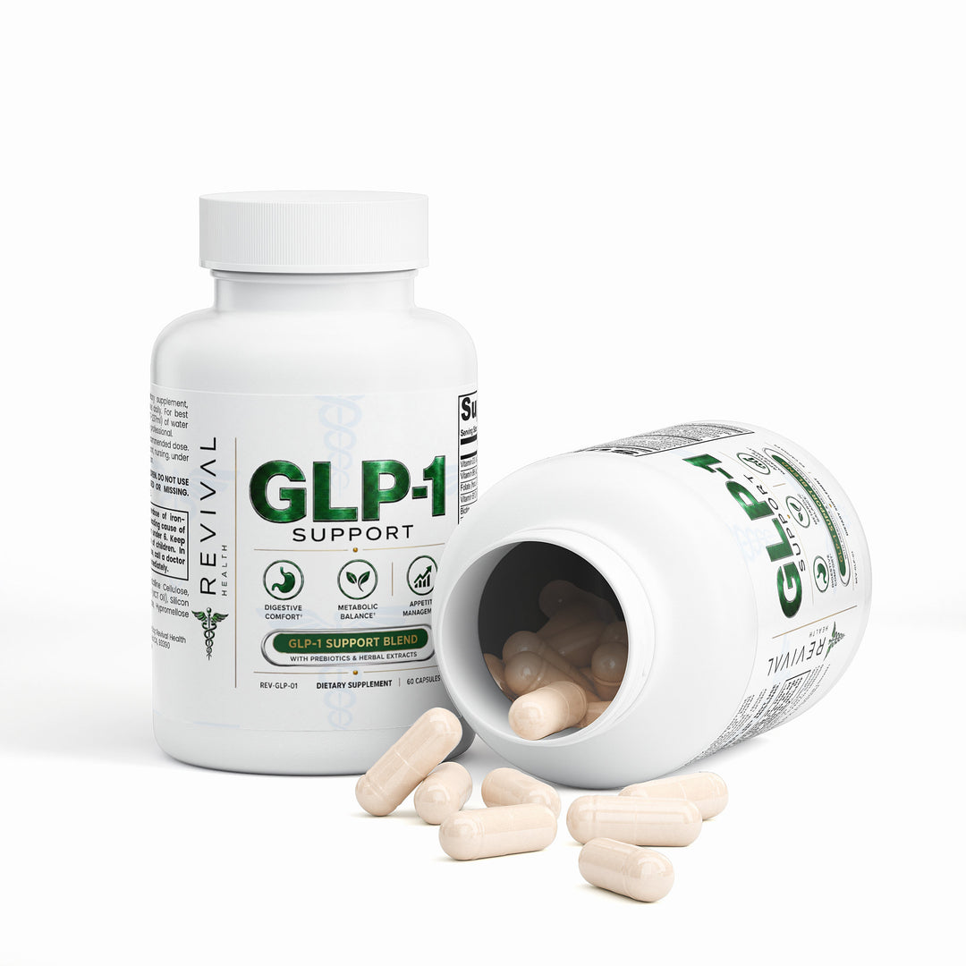 A white bottle of Revival GLP-1 Support dietary supplement, with one bottle standing upright and another lying on its side spilling beige capsules, set against a clean white background.