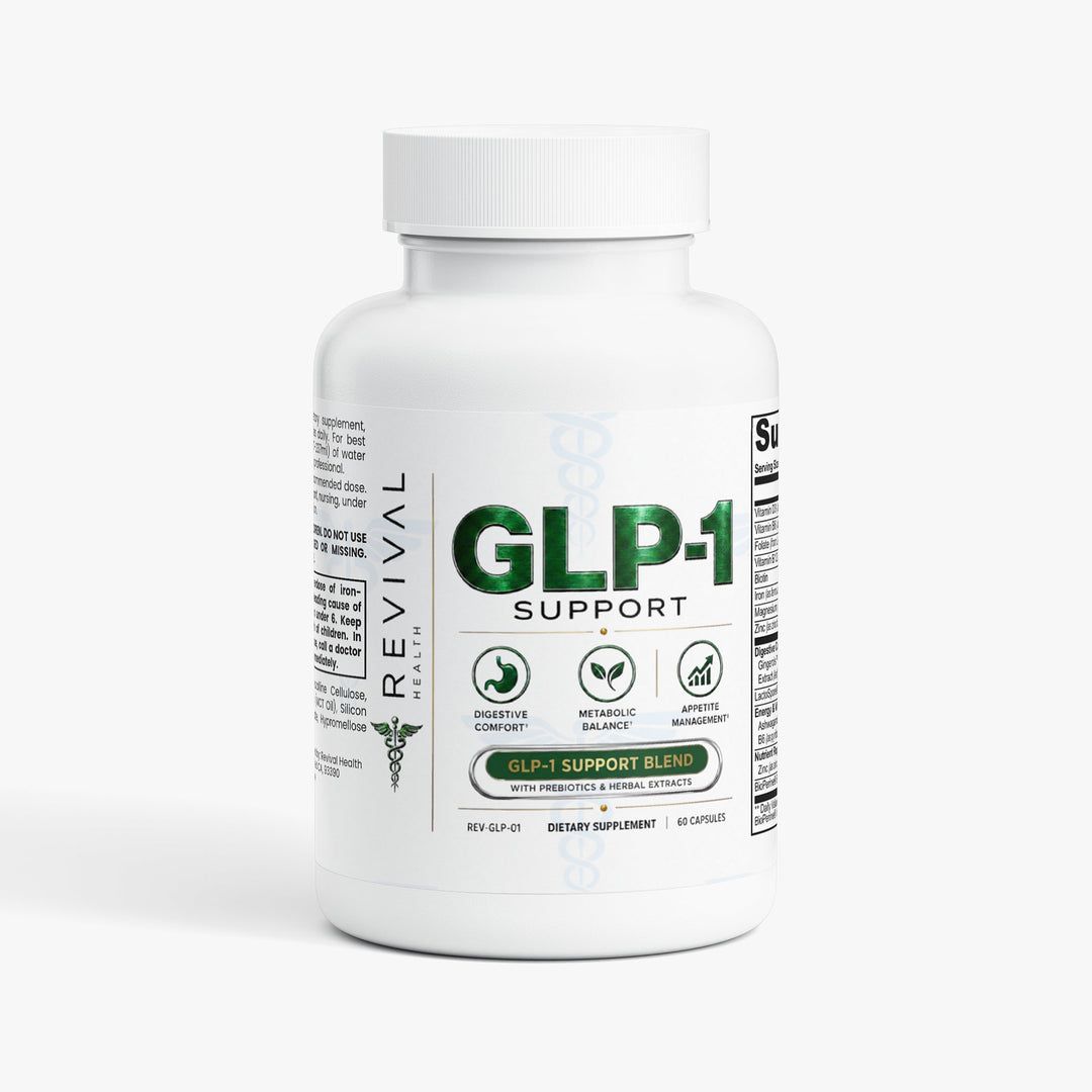 A white plastic bottle of Revival Labs GLP-1 Support dietary supplement, featuring a white cap and a label with green and black text on a light gray background.