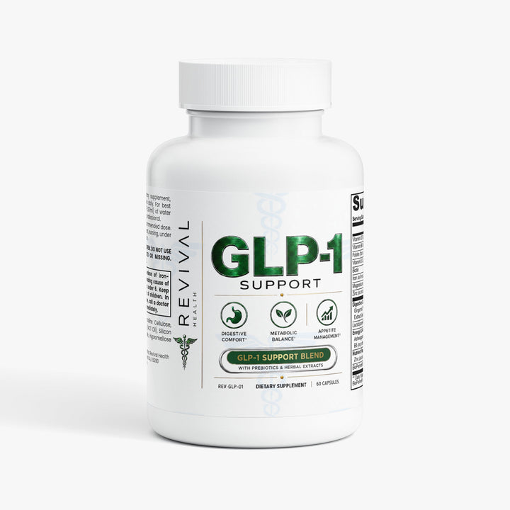 A white plastic bottle of Revival Labs GLP-1 Support dietary supplement, featuring a white cap and a label with green and black text on a light gray background.