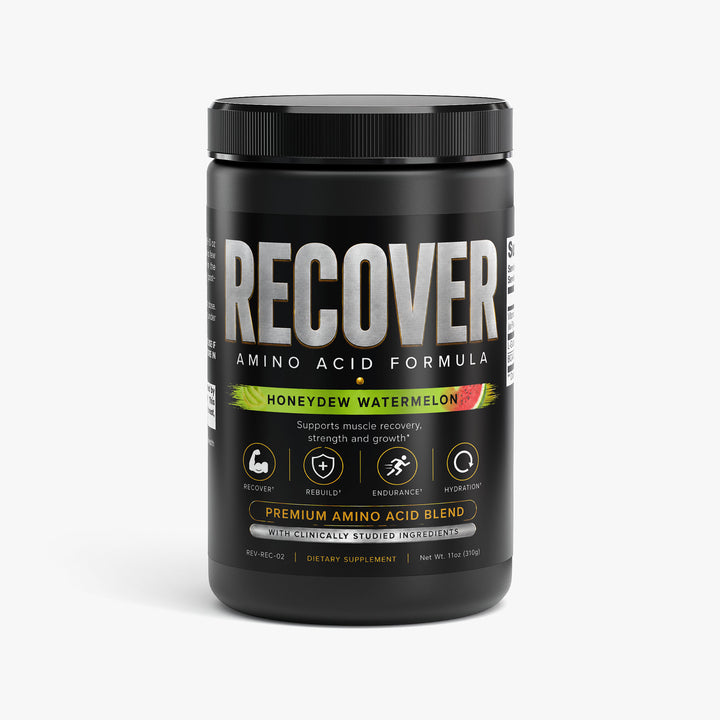 A black plastic tub of Recover Amino Acid Formula in Honeydew Watermelon flavor, shown on a clean white background.
