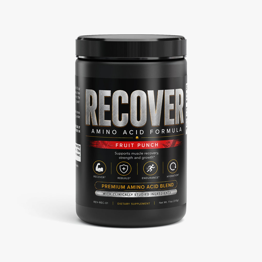 A black plastic tub of Recover Amino Acid Formula in Fruit Punch flavor, shown on a light gray background.