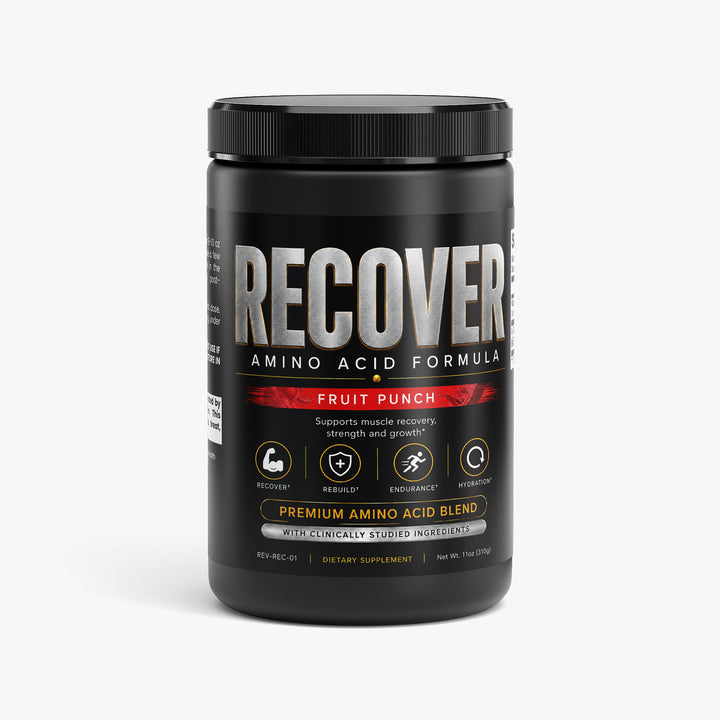A black plastic tub of Recover Amino Acid Formula in Fruit Punch flavor, shown on a light gray background.