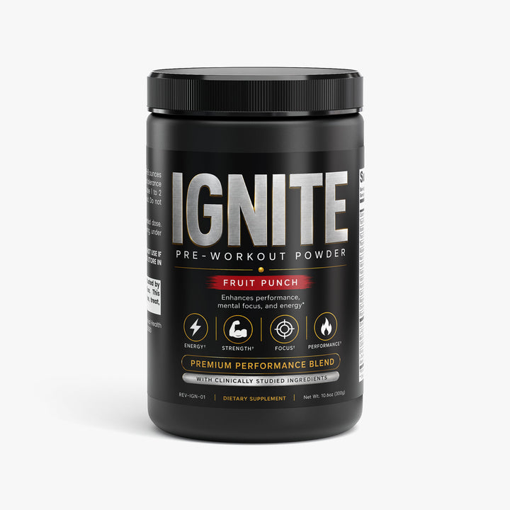 A black plastic tub of Ignite Pre-Workout Powder in Fruit Punch flavor, shown on a light gray background.