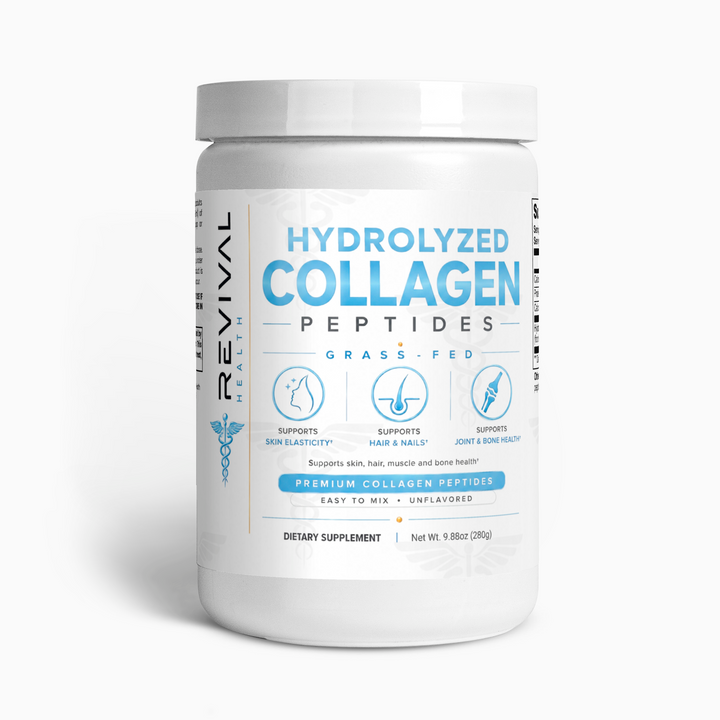 A white plastic tub of REVIVAL brand Hydrolyzed Collagen Peptides dietary supplement, featuring a clean white label with blue and gray text and icons, set against a plain white background.