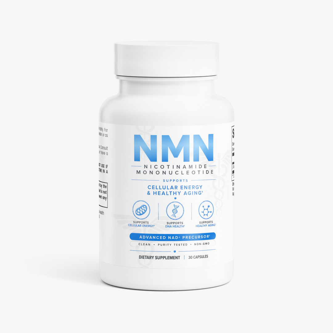 A white plastic bottle of NMN dietary supplement with a white cap, featuring a white label with blue text and icons, set against a clean white background.