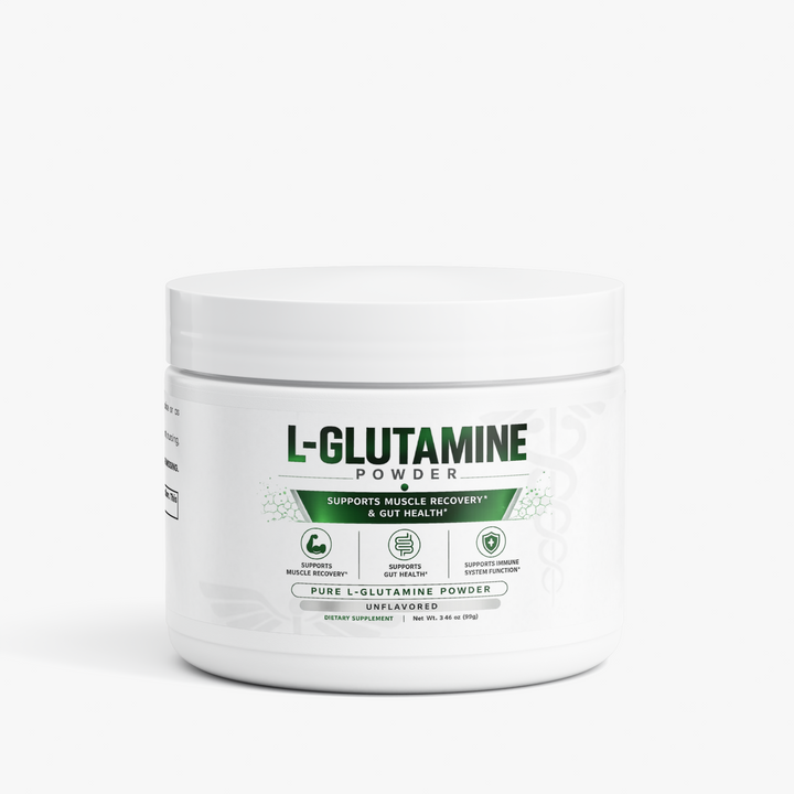 A white plastic tub of L-Glutamine Powder with a white lid, featuring a clean white label with green and black text and icons, set against a light gray studio background.