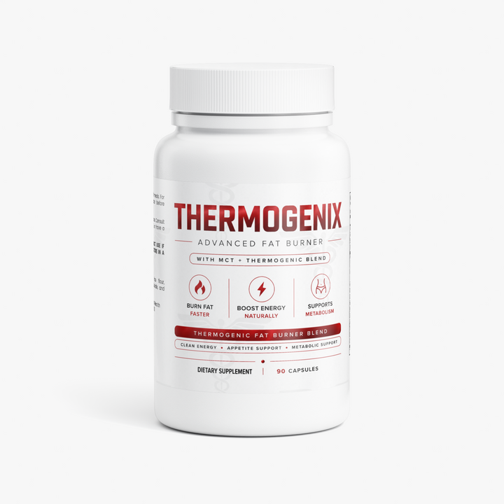 A white plastic bottle of ThermoGenix Advanced Fat Burner dietary supplement with a white cap, shown on a clean white background.