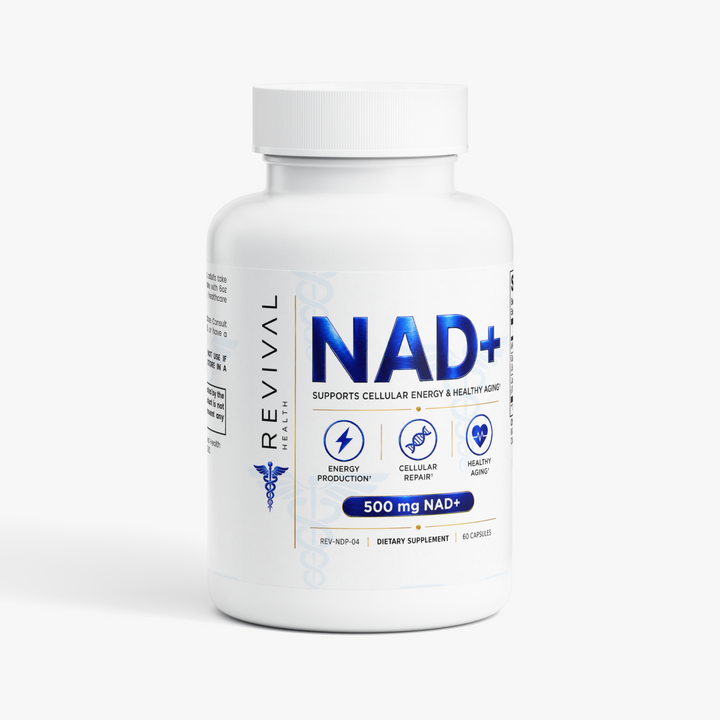 A white bottle of Revival Health NAD+ dietary supplement capsules, featuring a clean white label with blue and gray text and icons, set against a plain white background.