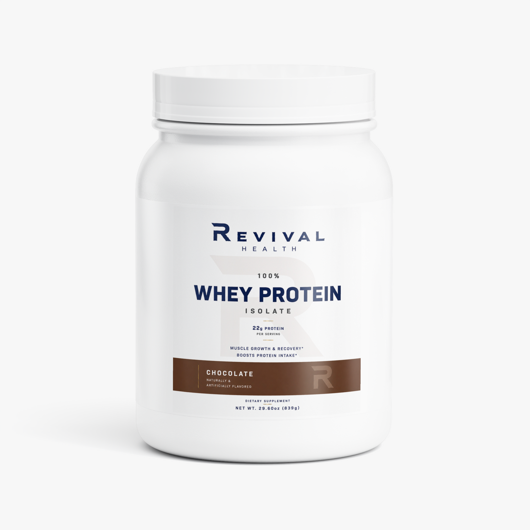 A white plastic tub of Revival Health 100% Whey Protein Isolate in Chocolate flavor, shown on a clean white background.
