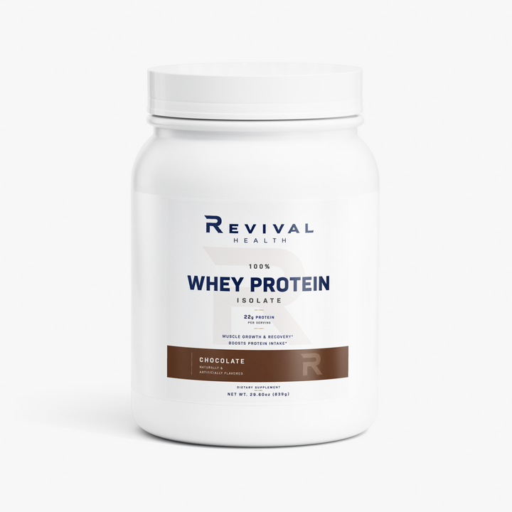 A white plastic tub of Revival Health 100% Whey Protein Isolate in Chocolate flavor, shown on a clean white background.