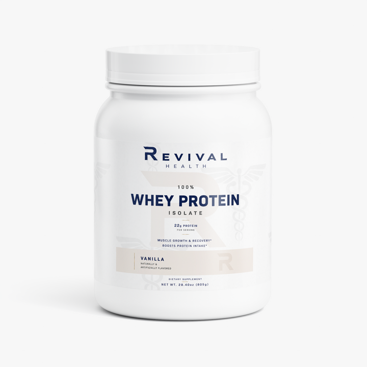 A white tub of Revival Health 100% Whey Protein Isolate in Vanilla flavor, shown on a clean white background.