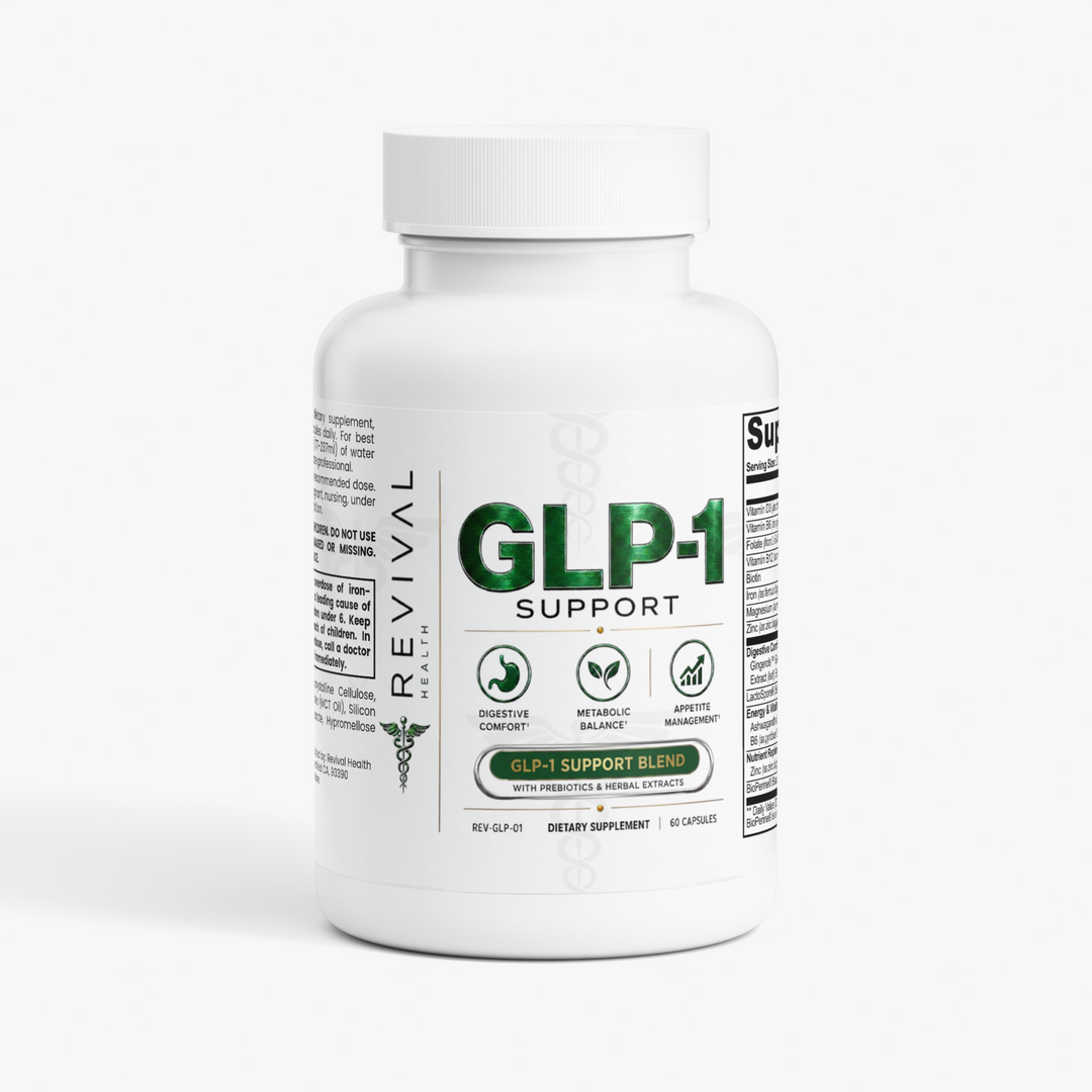 A white bottle of Revival Health GLP-1 Support dietary supplement, featuring a clean white label with green and gray text and icons, set against a plain white background.