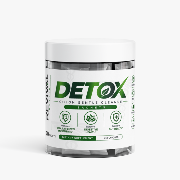 A clear plastic jar of Revival Labs Detox Colon Gentle Cleanse Sachets, showing a white label with green text and icons, set against a plain white background.