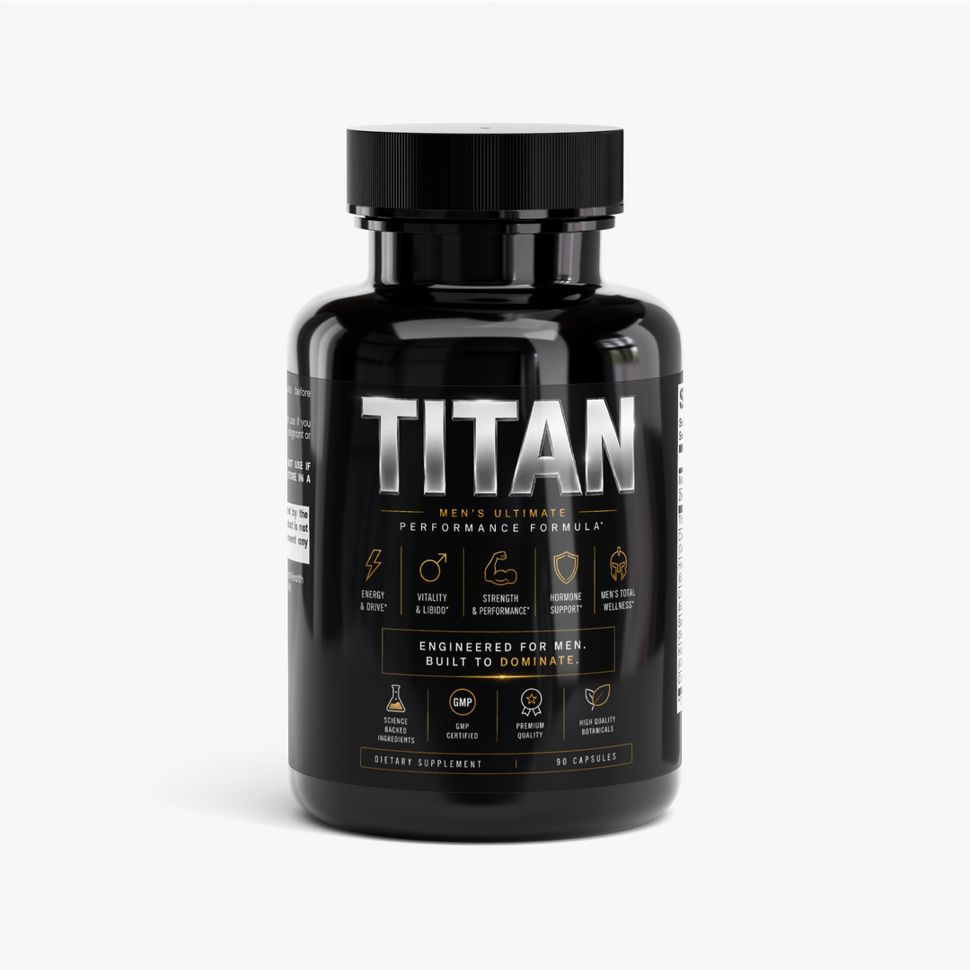 A black bottle of Titan Men's Ultimate Performance Formula dietary supplement, featuring a black cap and a black label with bold white and gold text and icons, set against a clean white background.